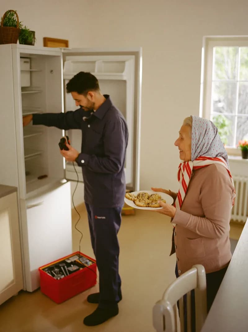 İzmir'de mutfakta buzdolabı tamiri yapan beyaz eşya teknik servis teknisyeni